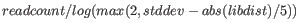 $\displaystyle read count / log(max(2, std dev - abs(lib dist) / 5))$