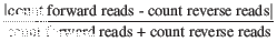 $\displaystyle \frac{\vert\mbox{count forward reads - count reverse reads}\vert}{\mbox{count forward reads + count reverse reads}}$