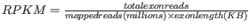 $ \emph{RPKM} = \frac{\emph{total exon reads}}{\emph{mapped reads(millions)} \times \emph{exon length (KB)}}$