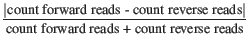 $\displaystyle \frac{\vert\mbox{count forward reads - count reverse reads}\vert}{\mbox{count forward reads + count reverse reads}}$