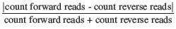 $\displaystyle \frac{\vert\mbox{count forward reads - count reverse reads}\vert}{\mbox{count forward reads + count reverse reads}}$