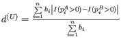 $ d^{(U)} = \frac{\sum\limits_{i=1}^{n} b_i \left\vert I(p_i^A >0) - I(p_i^B > 0) \right\vert}{\sum\limits_{i=1}^{n} b_i}$