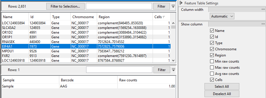 Image feature-table-expression-matrix-sub-table-with-side-panel